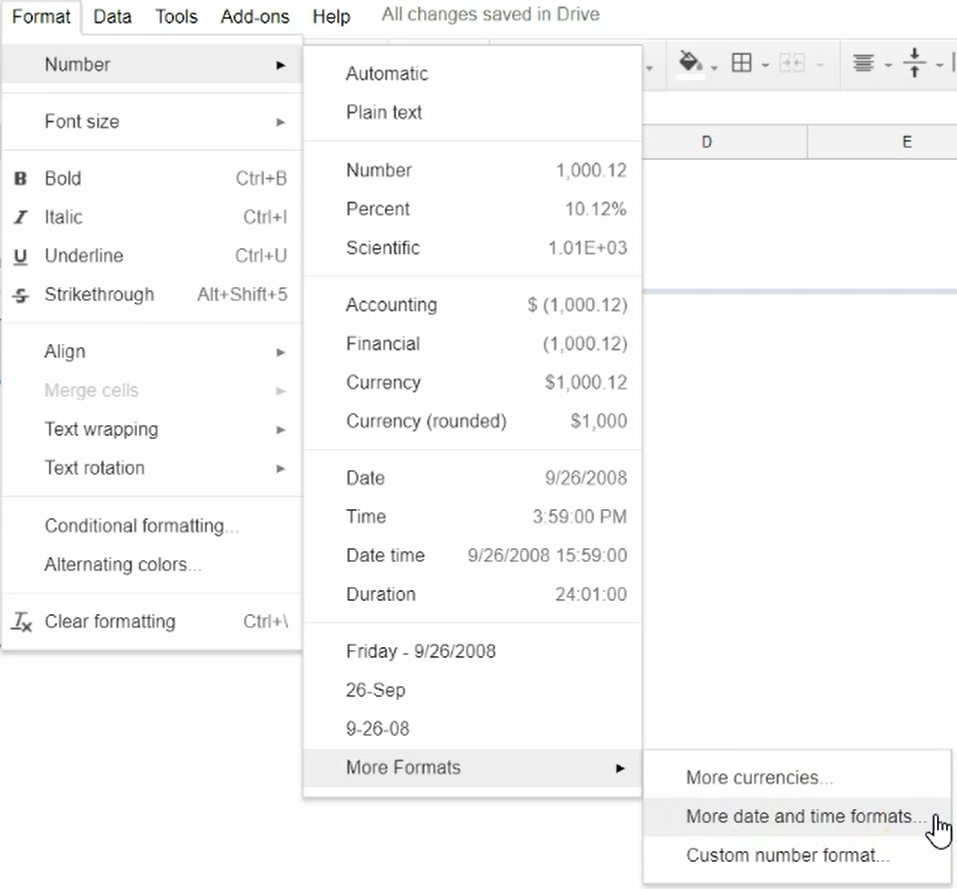 Google Sheets - Custom Date Format - 01 Format Menu