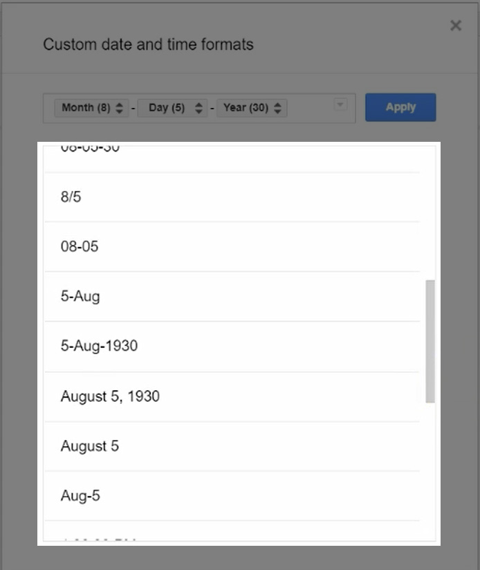 Google Sheets - Custom Date Format - 05 Preconfigured Formats