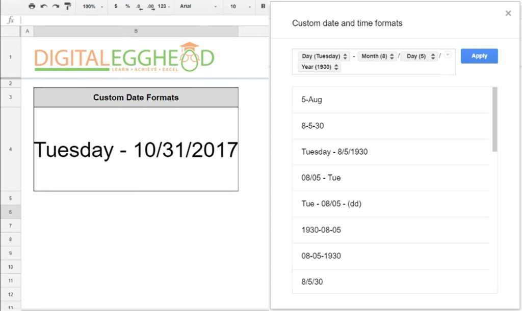 Google Sheets - Custom Date Format - 08 Custom Date Format Example