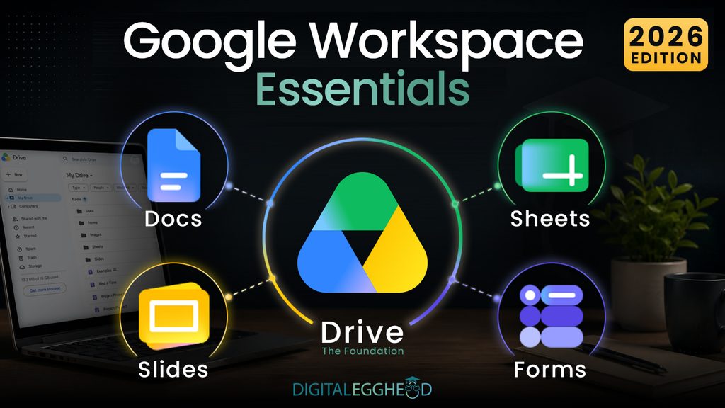 Google Workspace Essentials course featuring Google Drive, Docs, Sheets, Slides, and Forms